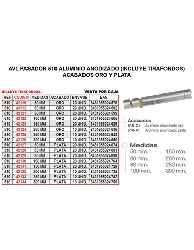 AVL PASADOR 510 ALUMINIO 200 MM ORO