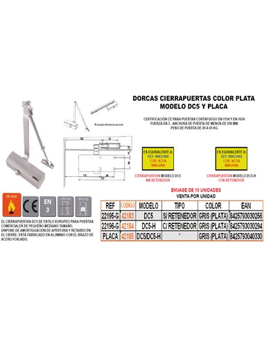 DORCAS PLACA PARA CIERRAPUERTAS DC5 Y DC5-H GRIS