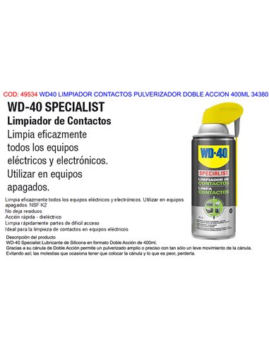 WD40 SPECIALIST LIMPIADOR CONTACTOS  DOBLE ACCION 400ML 34380