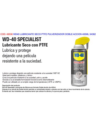 WD40 SPECIALIST LUBRICANTE SECO PTFE PULV  DOBL ACCI 400ML 34382