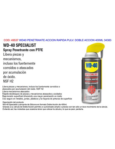 WD40 SPECIALIST PENETRANTE ACCION RAPIDA  PULV DOBLE 400ML 34383