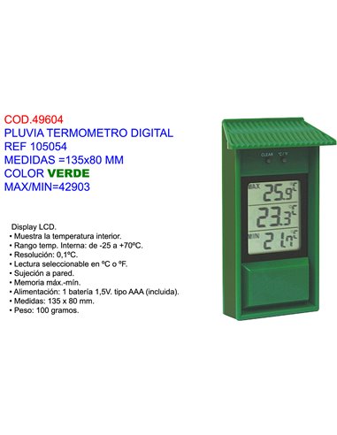 PLUVIA TERMOMETRO DIGITAL 105054135x80 MM VERDE MAX/MIN42902