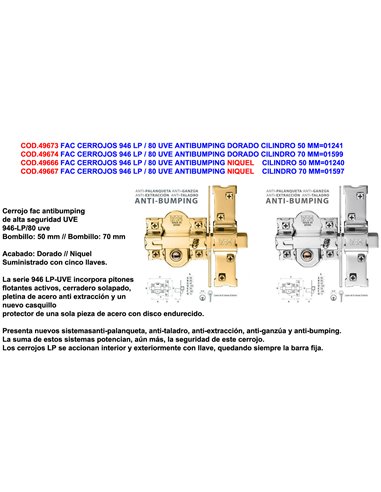 FAC CERROJOS 946 LP / 80UVE ANTIBUMPING NIQUEL CILIND.50MM01240