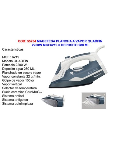 MAGEFESA PLANCHA VAPOR 2200 QUADFIN2200W MGF6219 DEPOSITO 280ML