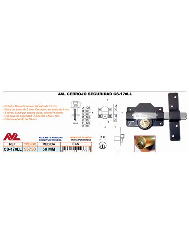 AVL CERROJO CS-170LL105 C/REDONDO 50 MM 5 LLAVES SEGURIDAD