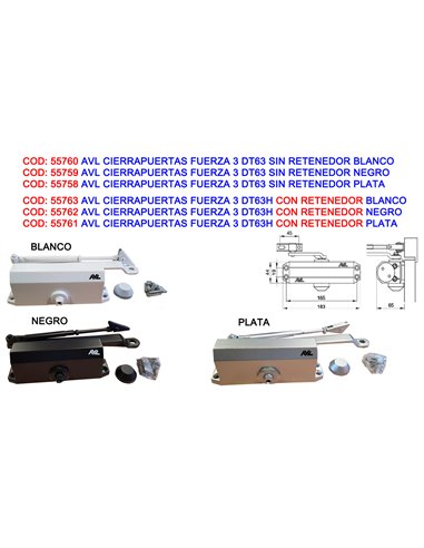 AVL CIERRAPUERTAS FUERZA 3 DT63 SIN RETENEDOR PLATA