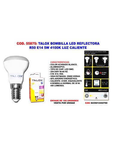 TALOX BOMBILLA LED REFLECTORA R50 E14 5W 4100K LUZ NEUTRA