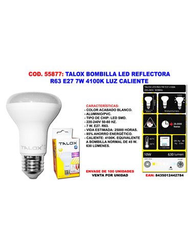 TALOX BOMBILLA LED REFLECTORA R63 E27 7W 4100K LUZ NEUTRA