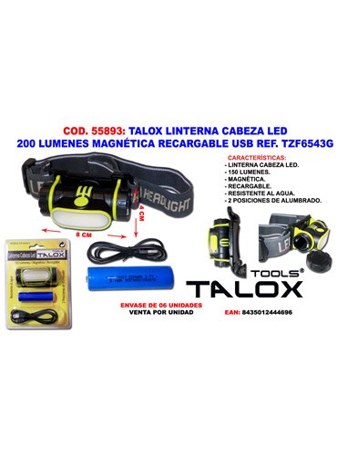 TALOX LINTERNA CABEZA LED 200 LU. MAGNE. RECARGABLE USB TZF6543G