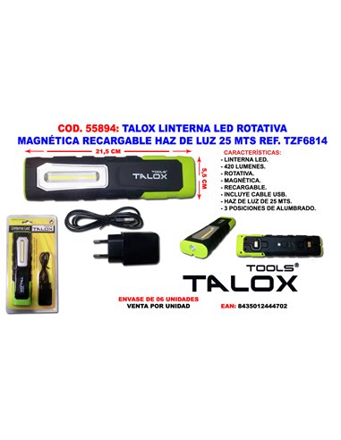 TALOX LINTERNA LED ROTATIVA-MAGNETICA-RECARGABLE 25 M TZF6814