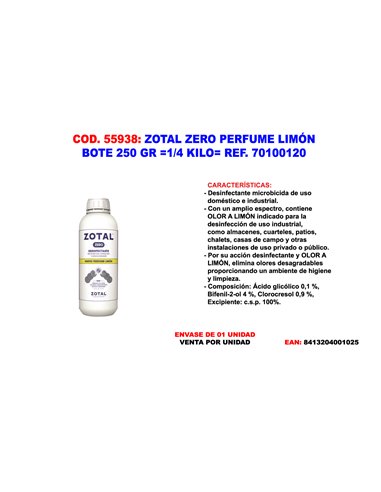 ZOTAL ZERO PERFUME LIMON BOTE 250 GR 1/4 KILO  70100120