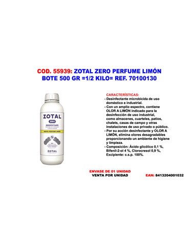 ZOTAL ZERO PERFUME LIMON BOTE 500 GR 1/2 KILO  70100130