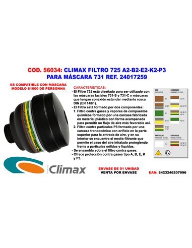 CLIMAX  FILTRO 725 A2-B2-E2-K2-P-3 PARA MASCARA 731 REF 24017259