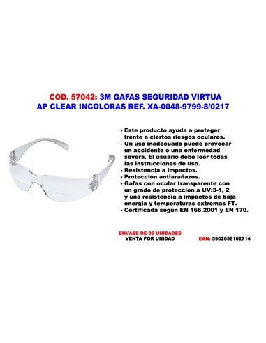 3M GAFAS SEGURIDAD VIRTUA AP CLEAR INCOLORAS UU-0083-2183-6