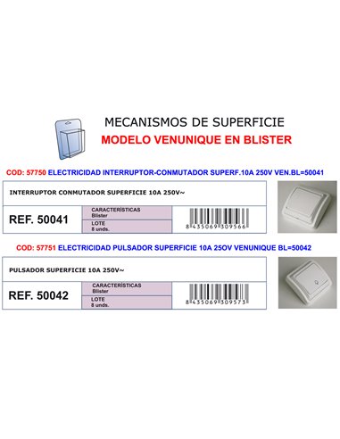 ELECTRICIDAD PULSADOR SUPERF.10A 25OV VENUNIQUE BL50042-91842