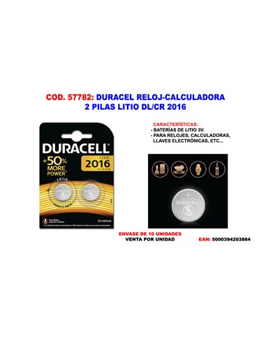 DURACELL RELOJ-CALCULADORA 2 PILAS LITIO DL/CR 2016