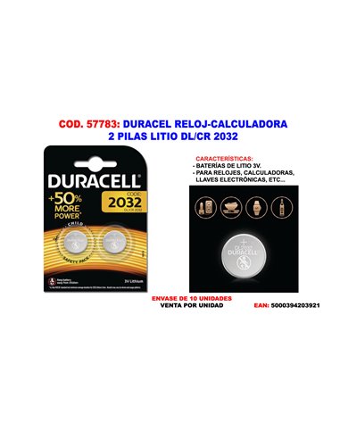 DURACELL RELOJ-CALCULADORA 2 PILAS LITIO DL/CR 2032 