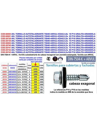 AVL TORNILLO AUTOTALADRANTE 7504K+ARVULEXAG.5.5X25 P16AB165525