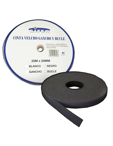 SIFER CINTA VELCRO ADHESIVA MACHO/GANCHO NEGRA 25MX20MM