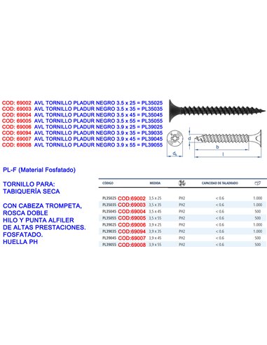 AVL TORNILLO PLADUR NEGRO 3.9 x 35  PL39035