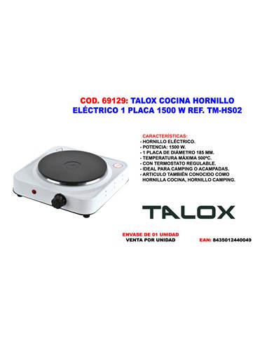 TALOX COCINA HORNILLO ELECTRICO 1 PLACA 1.500 W TM-HS02