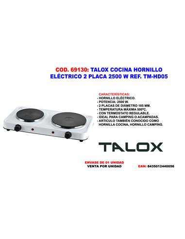 TALOX COCINA HORNILLO ELECTRICO 2 PLACA 2.500 W TM-HD05