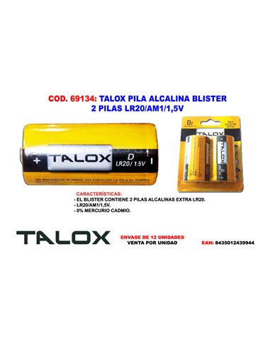 TALOX PILA ALCALINA BLISTER 2 PILAS LR20