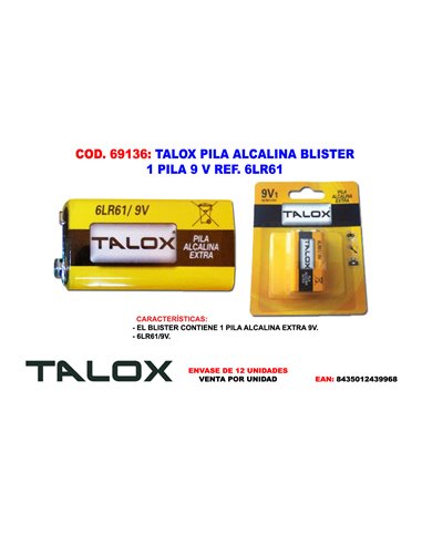 TALOX PILA ALCALINA BLISTER 1 PILA 9 V 6LR61