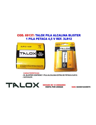 TALOX PILA ALCALINA BLISTER 1 PILA PETACA 4,5 V 3LR12