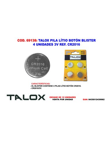 TALOX PILA LITIO BOTON BLISTER 4 UNDS 3V CR2016