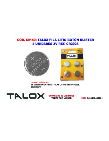 TALOX PILA LITIO BOTON BLISTER 4 UNDS 3V CR2025