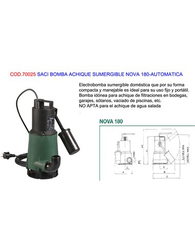 SACI BOMBA AGUA  SUMERGIBLE 5 M3/H NOVA 180-AUTOMATICA 0.28 HP