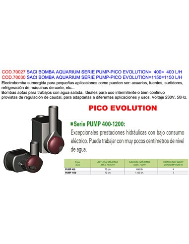 SACI BOMBA AQUARIUM SERIE PUMP-PICO EVOLUTION  400  400 L/H