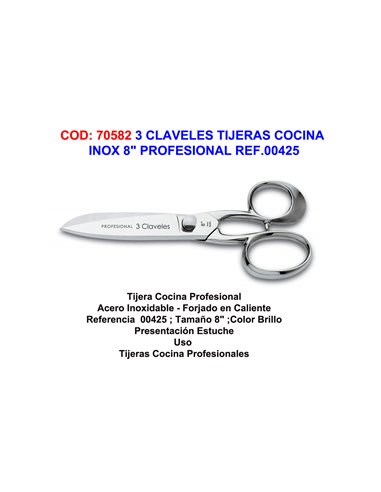 3 CLAVELES TIJERAS COCINA INOX 8" PROFESIONAL REF.00425