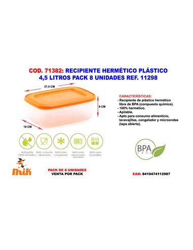 RECIPIENTE HERMETICO PLASTICO 4,5 LITROS PACK 8 UNIDADES  11298