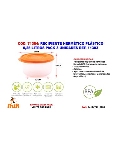 RECIPIENTE HERMETICO PLASTICO 0,25 LITROS PACK 3 UNIDADES  11303