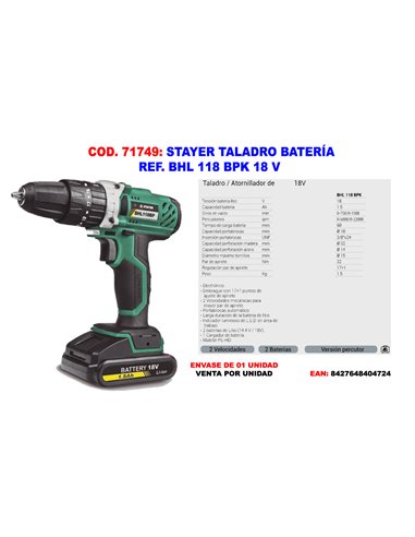 STAYER TALADRO A BATERIA REF. BHL 118 BPK 18 V