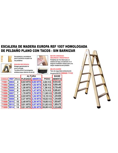 ESCALERA MADERA 1007 HOMOLOGAD.PELD.PLANO   3 P0,80M+TACOS7928