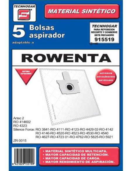 BOLSA ASPIRADOR PACK 5 UDS. ROWENTA ARTEC 2 SILENCE FORCE 915519