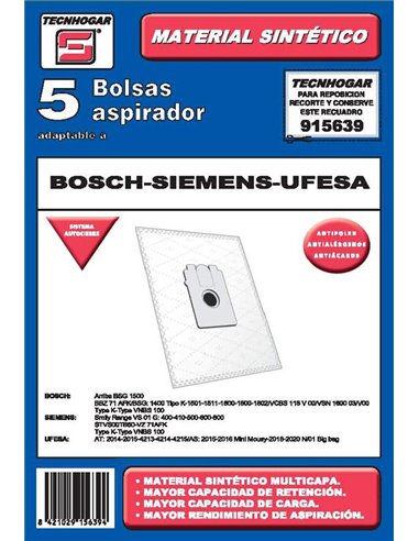 BOLSA ASPIRADOR PACK 5 UDS. BOSCH-SIEMENS-UFESA 915639