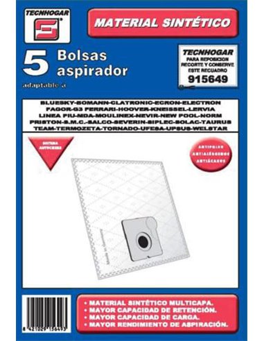 BOLSA ASPIRADOR PACK 5 UDS. TAURUS-MOULINEX-SOLAC 915649