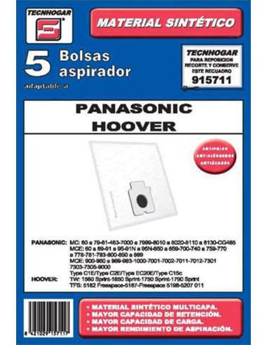 BOLSA ASPIRADOR PACK 5 UDS. PANASONIC-HOOVER 915711