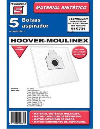 BOLSA ASPIRADOR PACK 5 UDS. HOOVER-MOULINEX 915731