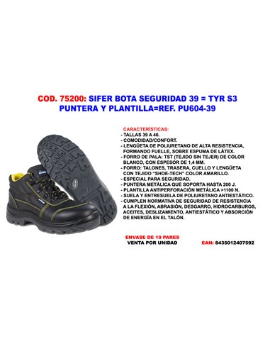 SIFER/SAFETY BOTA SEGURIDAD 39  TYR S3  PUNTERA+PLANTPU604-39