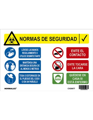 NORMALUZ SE�AL 30X20 "NORMAS SEGURIDAD CORONA VIRUS" CV20677