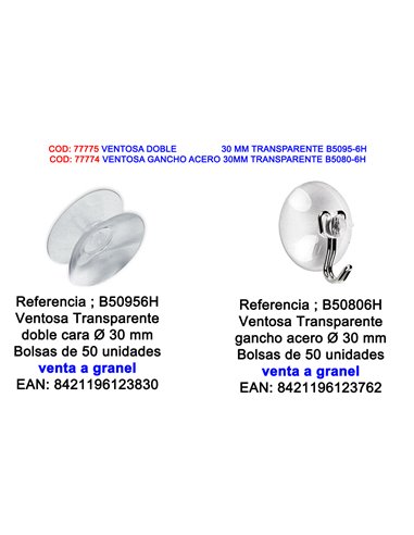 BRINOX VENTOSA GANCHO ACERO 30MM TRANSPARENTE GRANEL B50806H