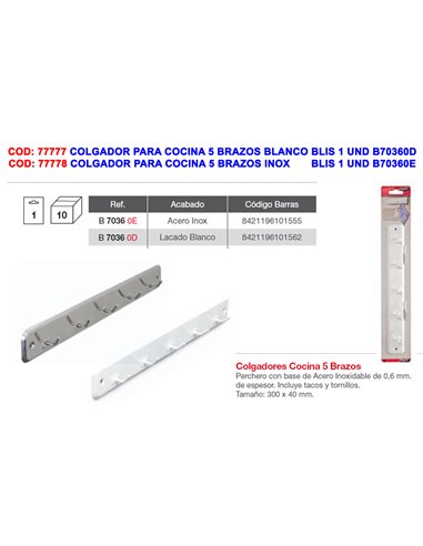 BRINOX COLGADOR PARA COCINA 5 BRAZOS BLANCO BLIST.1 UNDB70360D