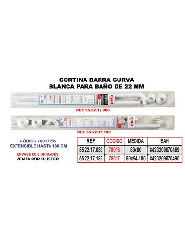 CORTINA BA�O BARRA CURVA 22 MM BLANCA 80x80 55.22.17.CC.080