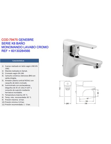 GENEBRE SERIE K8 BA�O MONOMANDO LAVABO CROMO60130284566