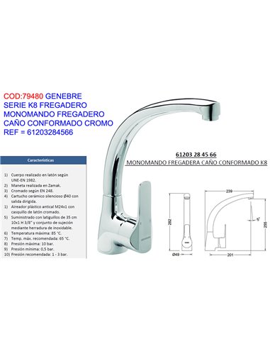 GENEBRE GRIFO K8 MONOMAND FREGADERO C/CONFORMADO CR61203284566